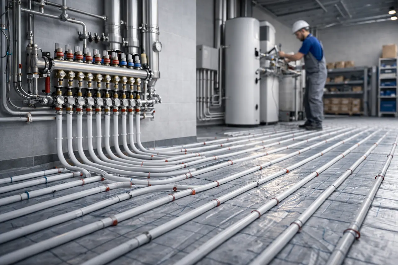 Underfloor heating installation with distribution manifolds